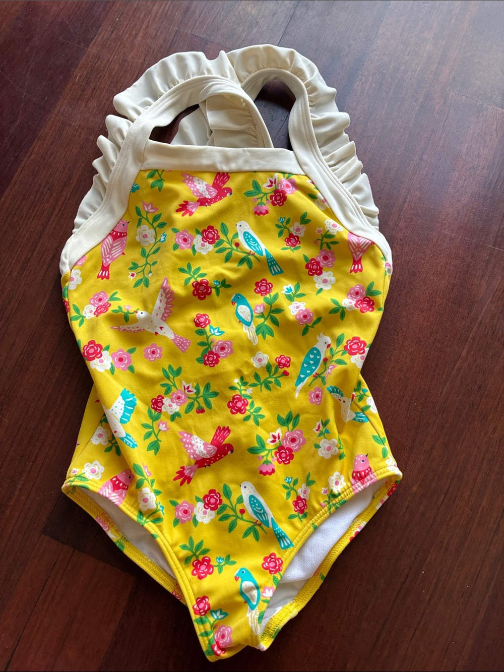 Mini Boden Yellow Bird & Floral One-Piece Swimsuit with Cream Ruffle Straps